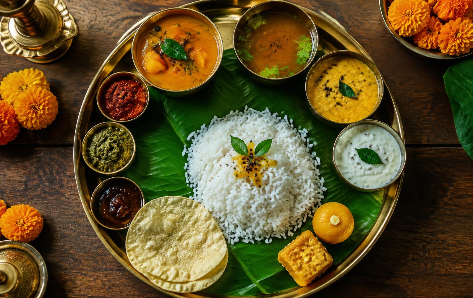 Traditional South Indian vegetarian thali on banana leaf